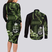 Green Hafa Adai Guam Couples Matching Long Sleeve Bodycon Dress and Long Sleeve Button Shirt Chamorro Latte Stone Hand With Plumeria