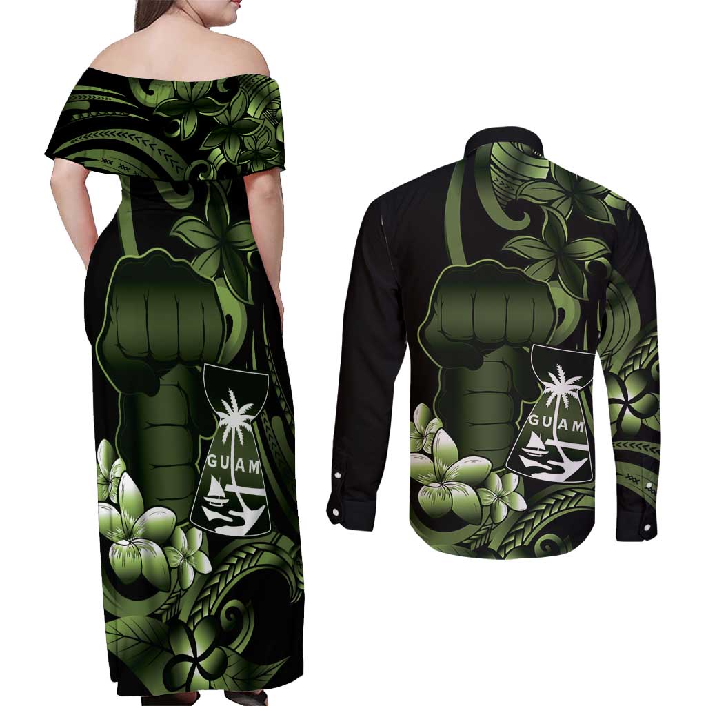Green Hafa Adai Guam Couples Matching Off Shoulder Maxi Dress and Long Sleeve Button Shirt Chamorro Latte Stone Hand With Plumeria