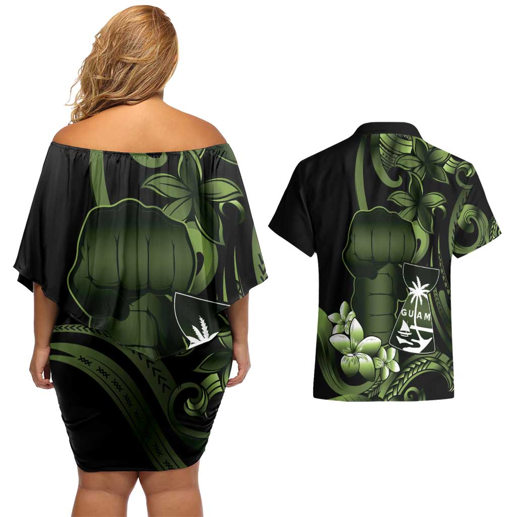 Green Hafa Adai Guam Couples Matching Off Shoulder Short Dress and Hawaiian Shirt Chamorro Latte Stone Hand With Plumeria