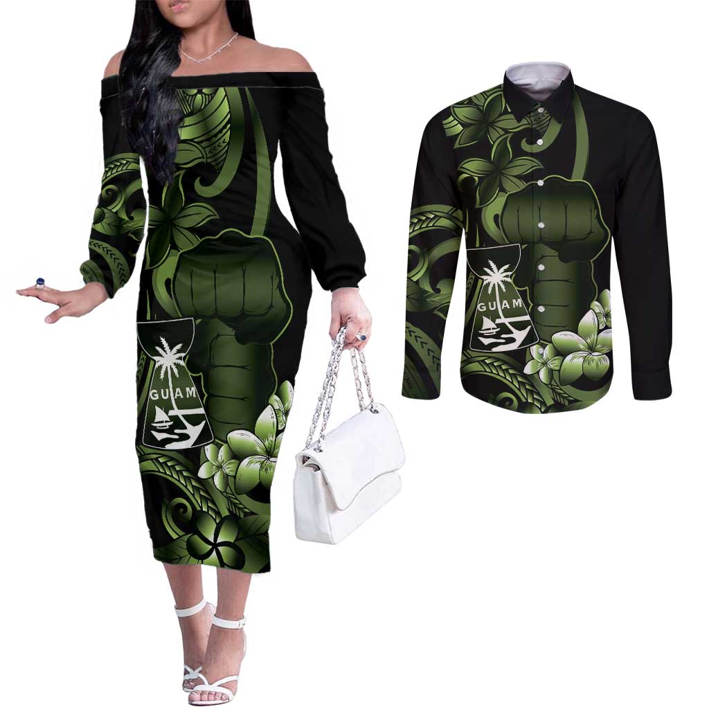 Green Hafa Adai Guam Couples Matching Off The Shoulder Long Sleeve Dress and Long Sleeve Button Shirt Chamorro Latte Stone Hand With Plumeria