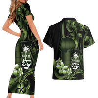 Green Hafa Adai Guam Couples Matching Short Sleeve Bodycon Dress and Hawaiian Shirt Chamorro Latte Stone Hand With Plumeria