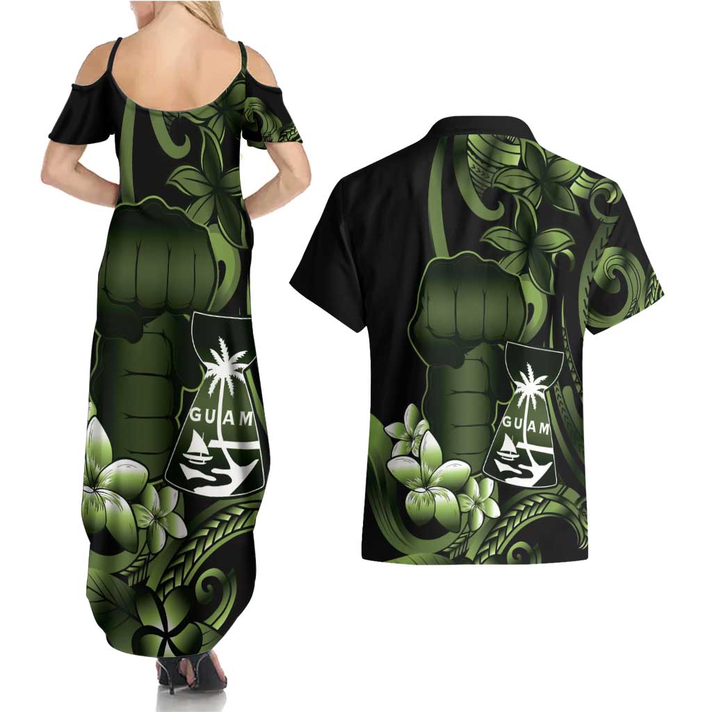 Green Hafa Adai Guam Couples Matching Summer Maxi Dress and Hawaiian Shirt Chamorro Latte Stone Hand With Plumeria