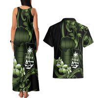 Green Hafa Adai Guam Couples Matching Tank Maxi Dress and Hawaiian Shirt Chamorro Latte Stone Hand With Plumeria