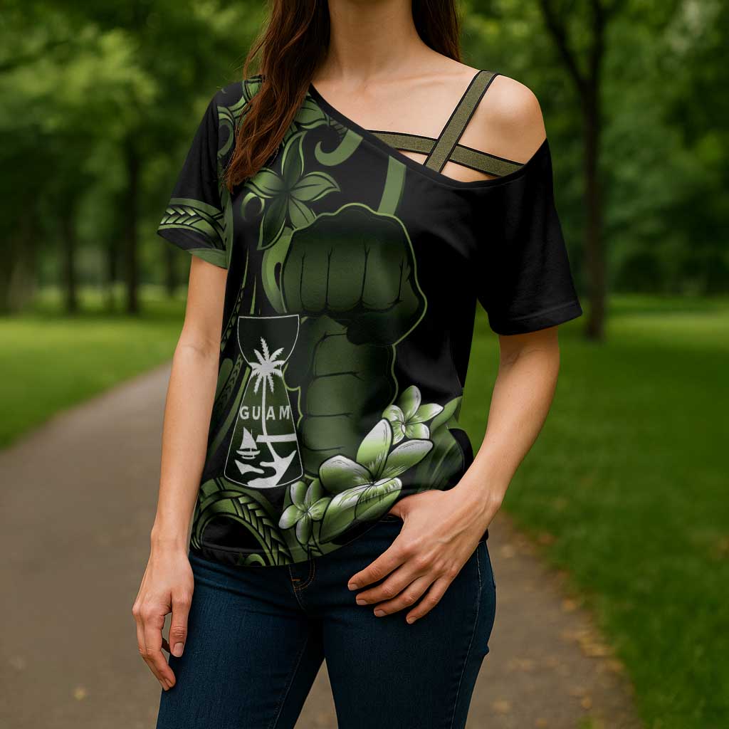 Green Hafa Adai Guam Cross Shoulder Shirt Chamorro Latte Stone Hand With Plumeria - Polynesian Pride