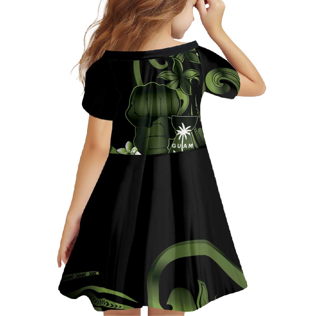 Green Hafa Adai Guam Family Matching Long Sleeve Bodycon Dress and Hawaiian Shirt Chamorro Latte Stone Hand With Plumeria