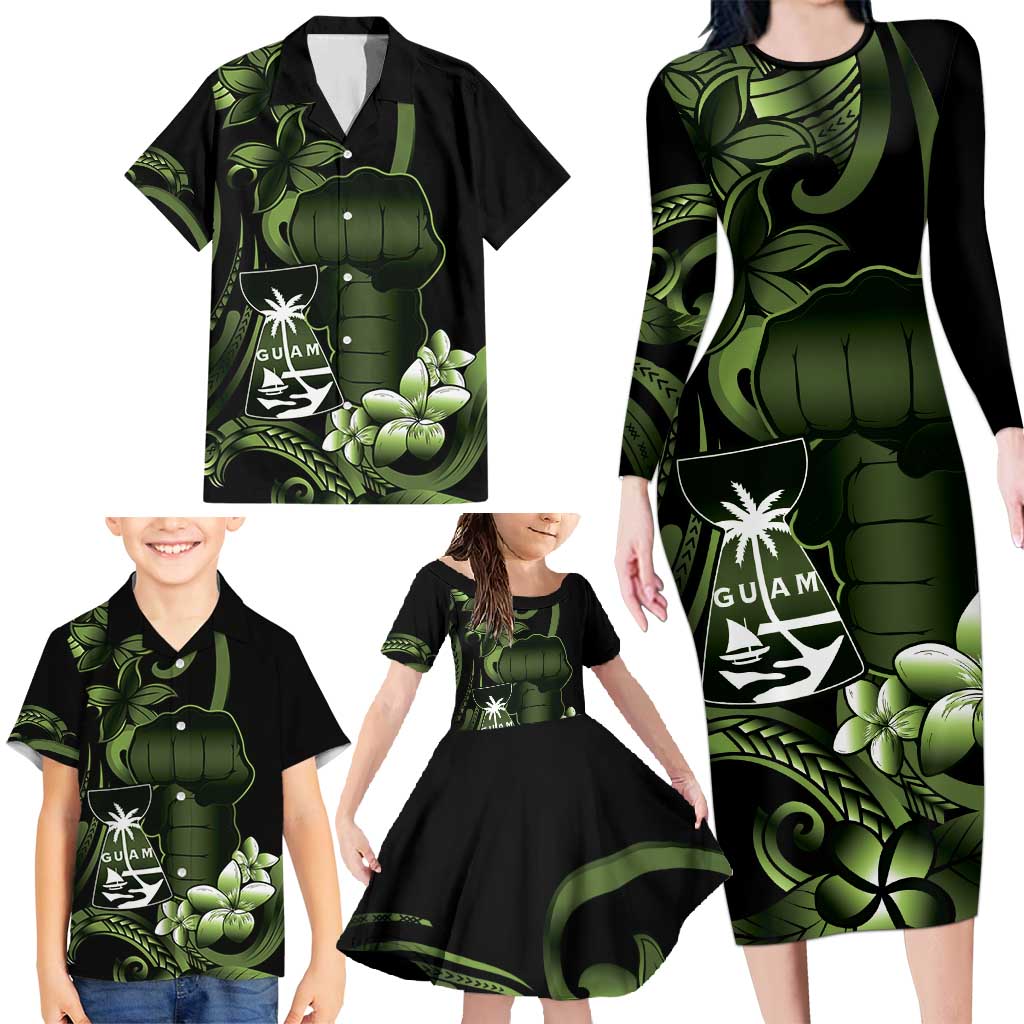 Green Hafa Adai Guam Family Matching Long Sleeve Bodycon Dress and Hawaiian Shirt Chamorro Latte Stone Hand With Plumeria