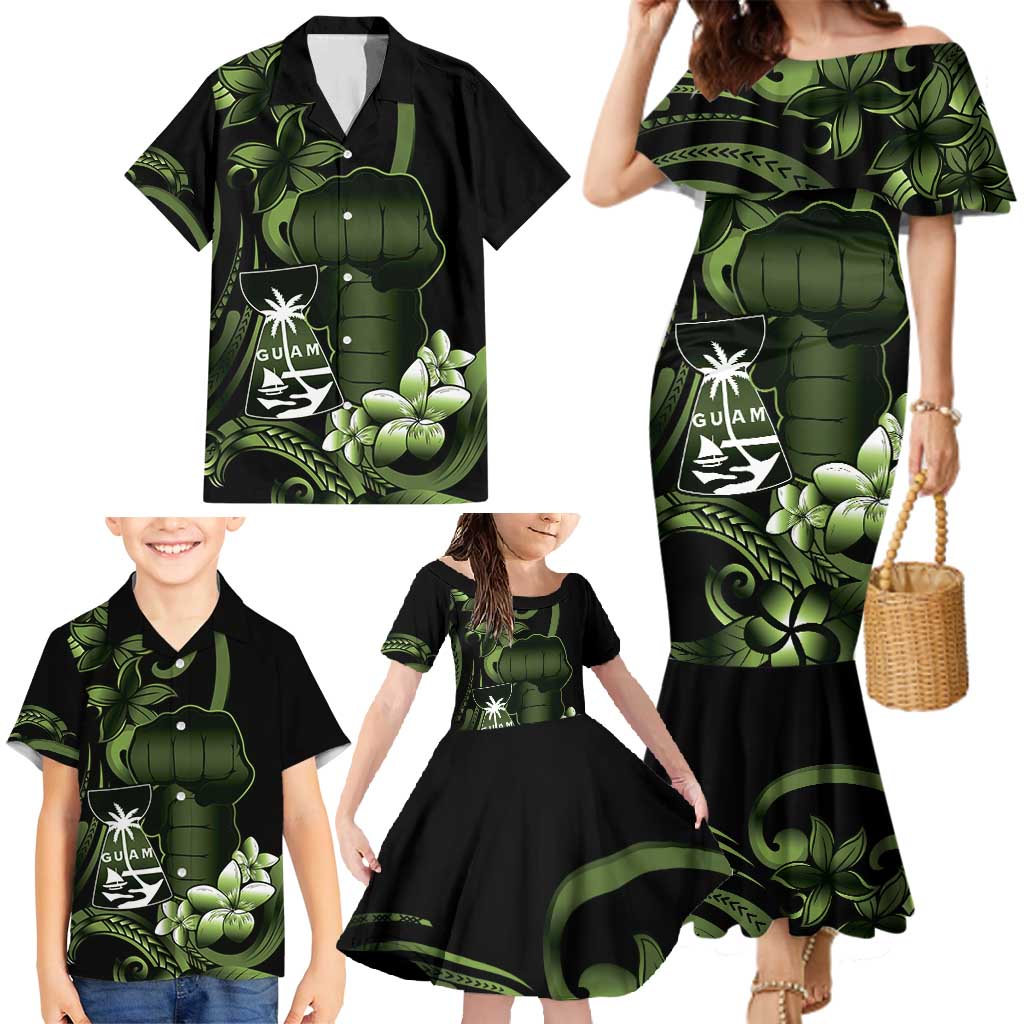 Green Hafa Adai Guam Family Matching Mermaid Dress and Hawaiian Shirt Chamorro Latte Stone Hand With Plumeria