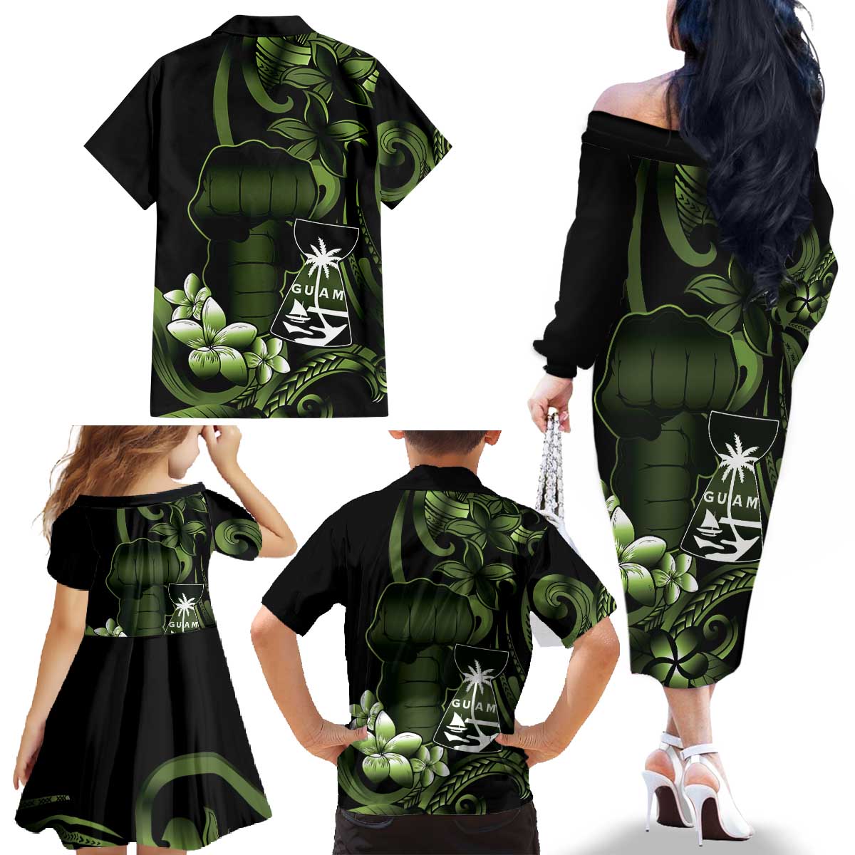 Green Hafa Adai Guam Family Matching Off The Shoulder Long Sleeve Dress and Hawaiian Shirt Chamorro Latte Stone Hand With Plumeria