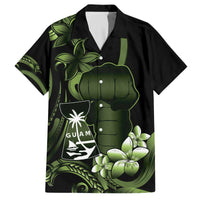 Green Hafa Adai Guam Family Matching Off The Shoulder Long Sleeve Dress and Hawaiian Shirt Chamorro Latte Stone Hand With Plumeria