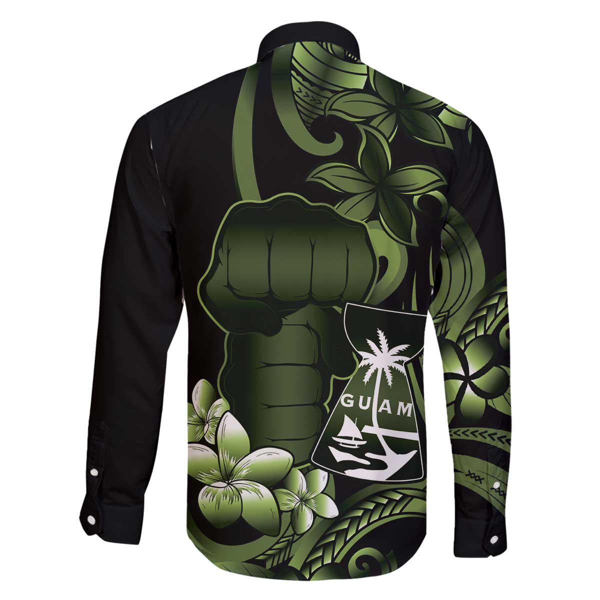 Green Hafa Adai Guam Family Matching Off The Shoulder Long Sleeve Dress and Hawaiian Shirt Chamorro Latte Stone Hand With Plumeria