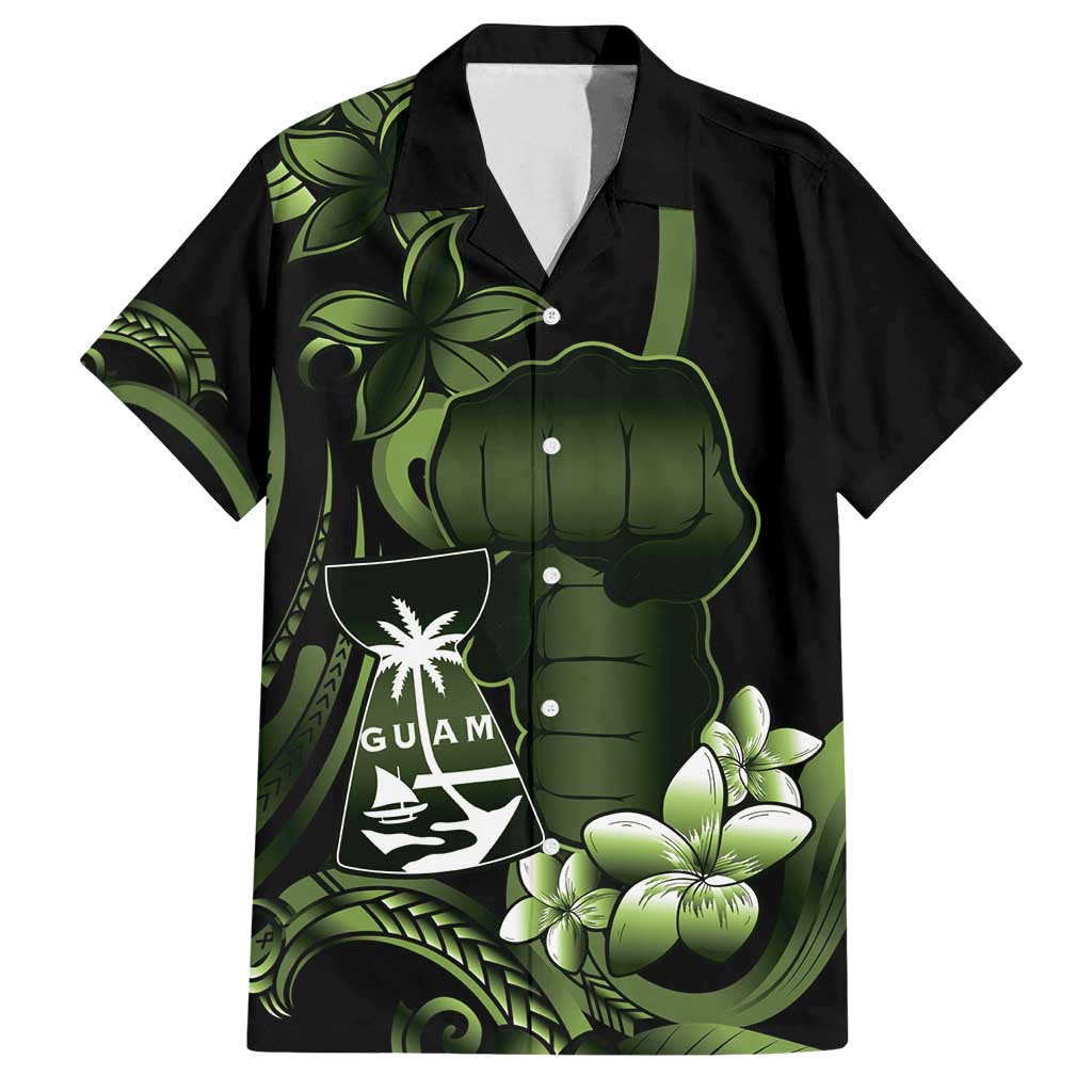 Green Hafa Adai Guam Family Matching Off Shoulder Maxi Dress and Hawaiian Shirt Chamorro Latte Stone Hand With Plumeria
