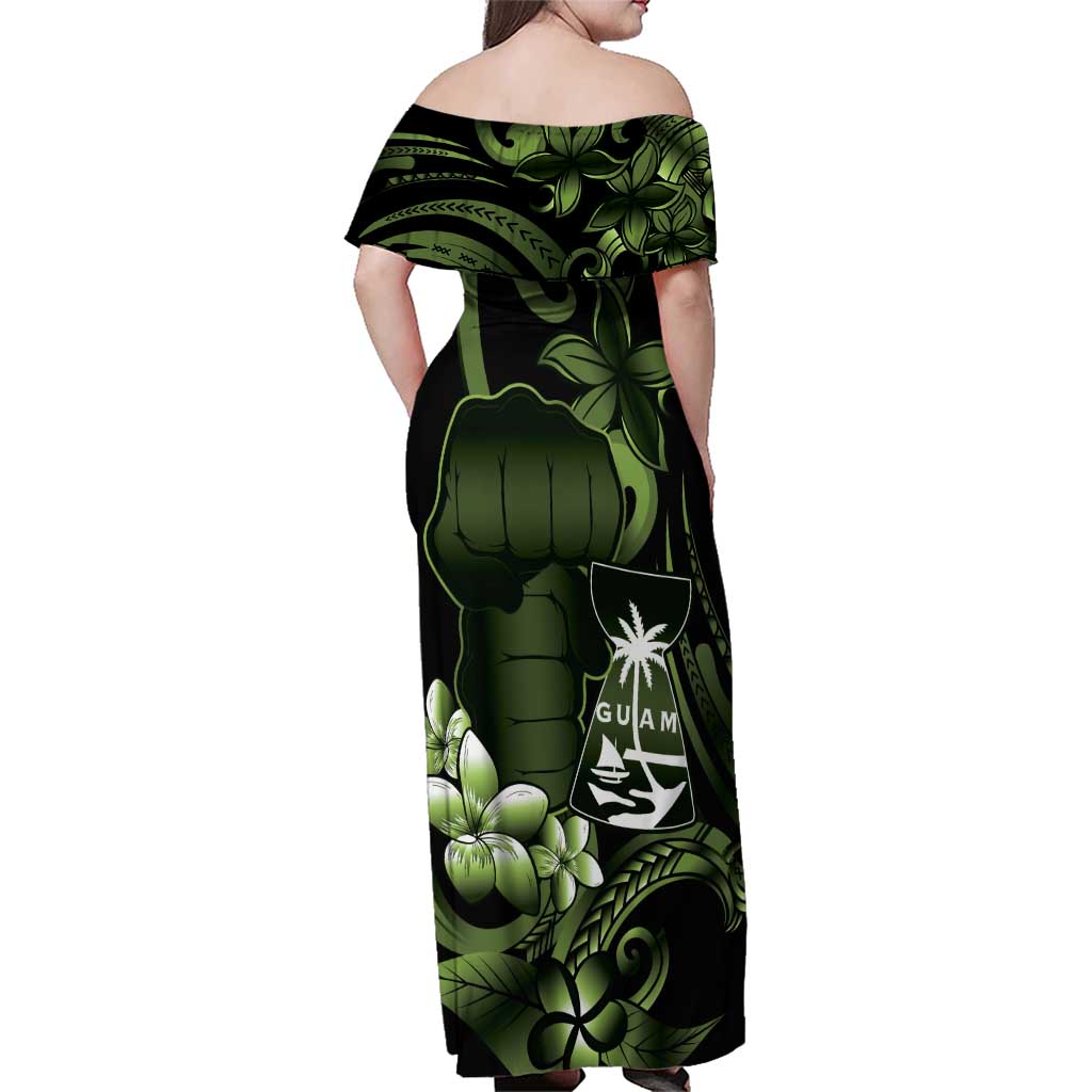Green Hafa Adai Guam Family Matching Off Shoulder Maxi Dress and Hawaiian Shirt Chamorro Latte Stone Hand With Plumeria
