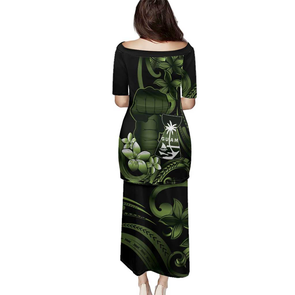 Green Hafa Adai Guam Family Matching Puletasi and Hawaiian Shirt Chamorro Latte Stone Hand With Plumeria