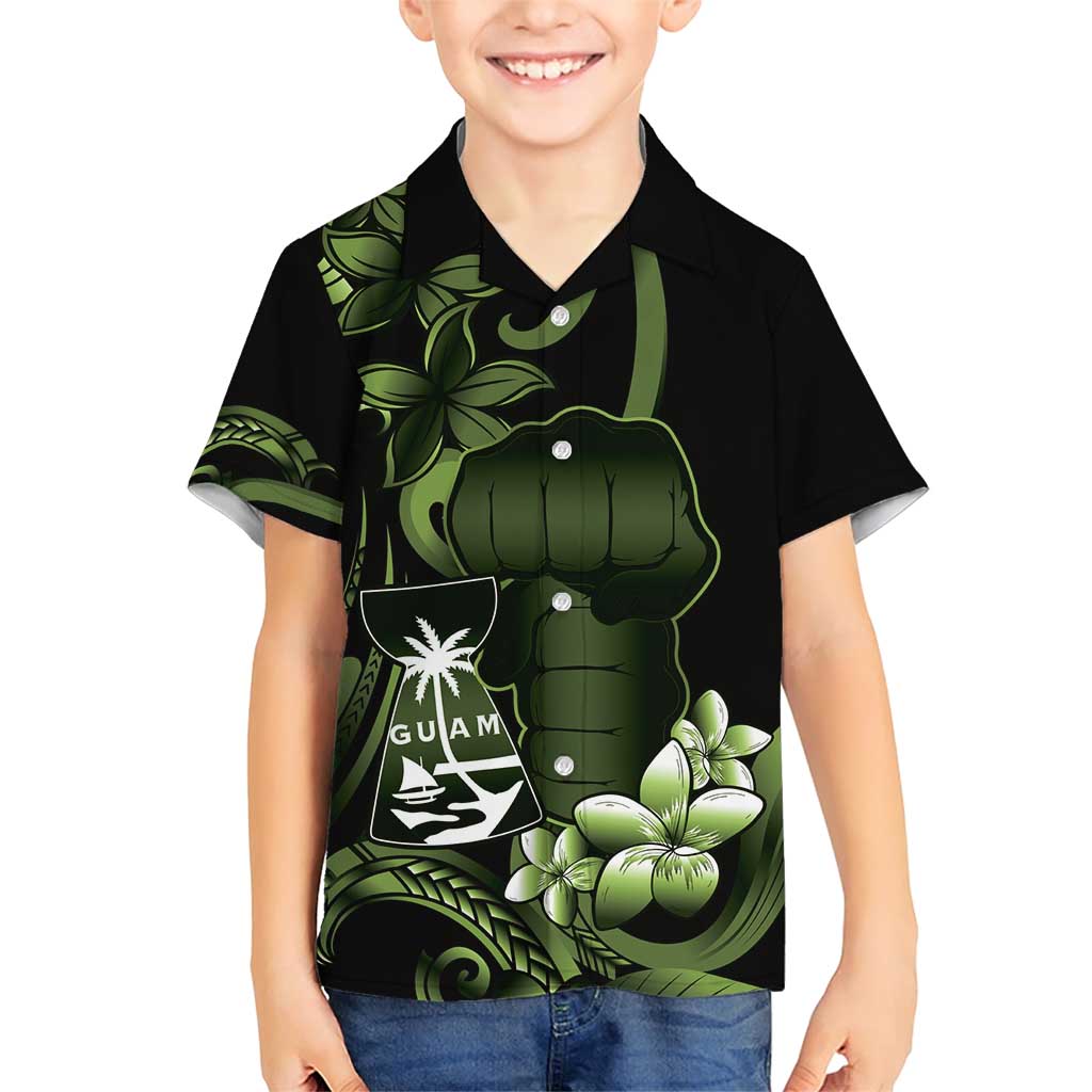 Green Hafa Adai Guam Family Matching Short Sleeve Bodycon Dress and Hawaiian Shirt Chamorro Latte Stone Hand With Plumeria