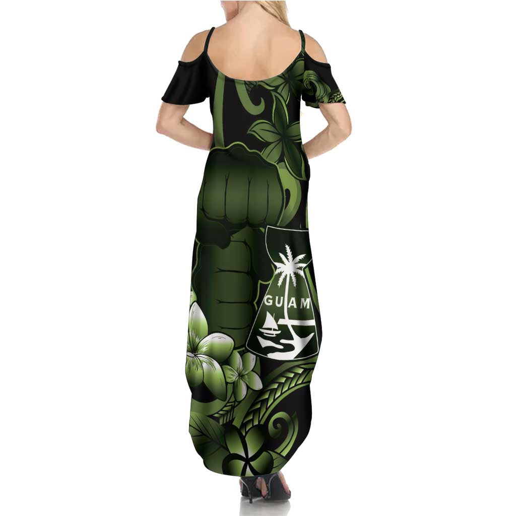 Green Hafa Adai Guam Family Matching Summer Maxi Dress and Hawaiian Shirt Chamorro Latte Stone Hand With Plumeria