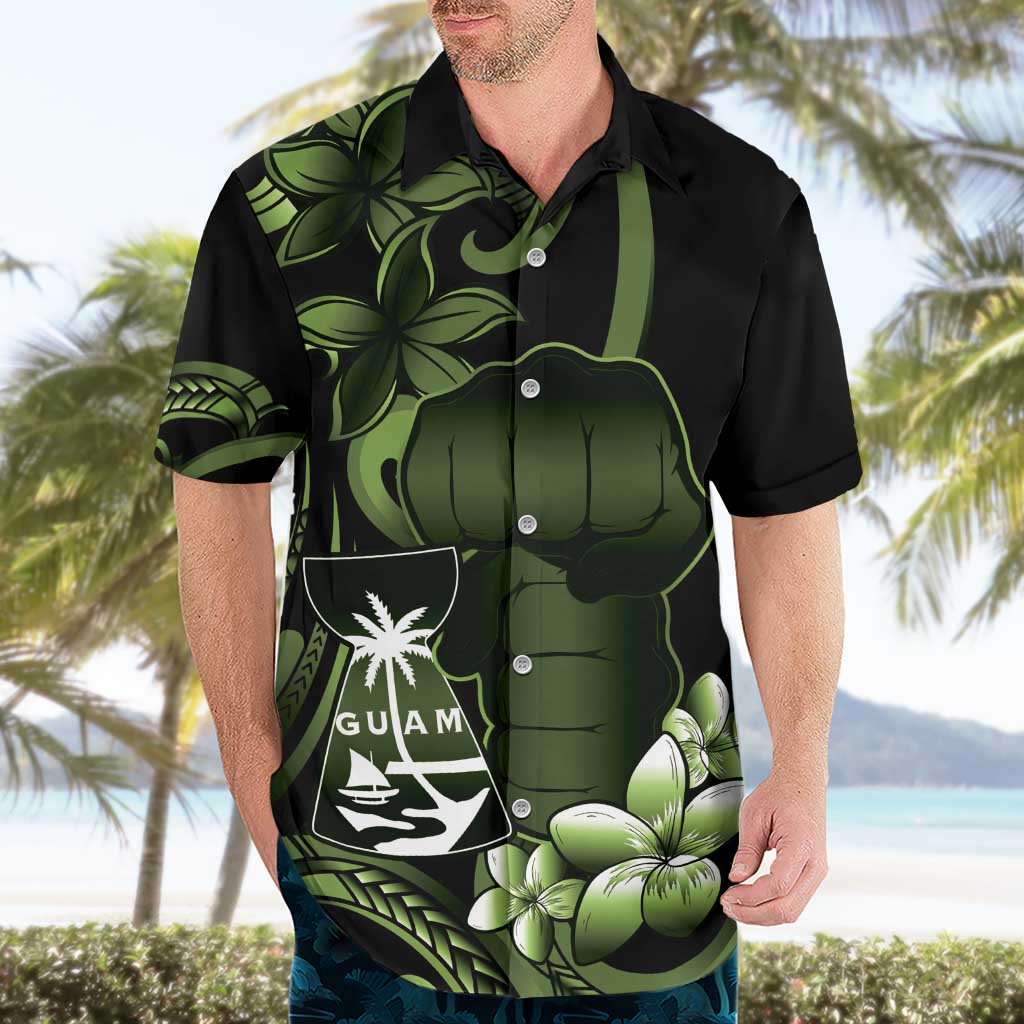 Green Hafa Adai Guam Hawaiian Shirt Chamorro Latte Stone Hand With Plumeria