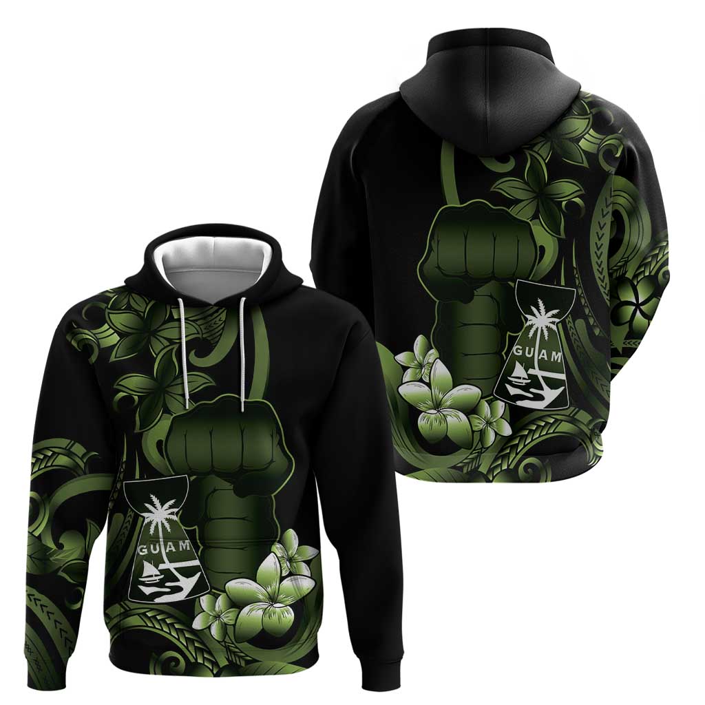 Green Hafa Adai Guam Hoodie Chamorro Latte Stone Hand With Plumeria