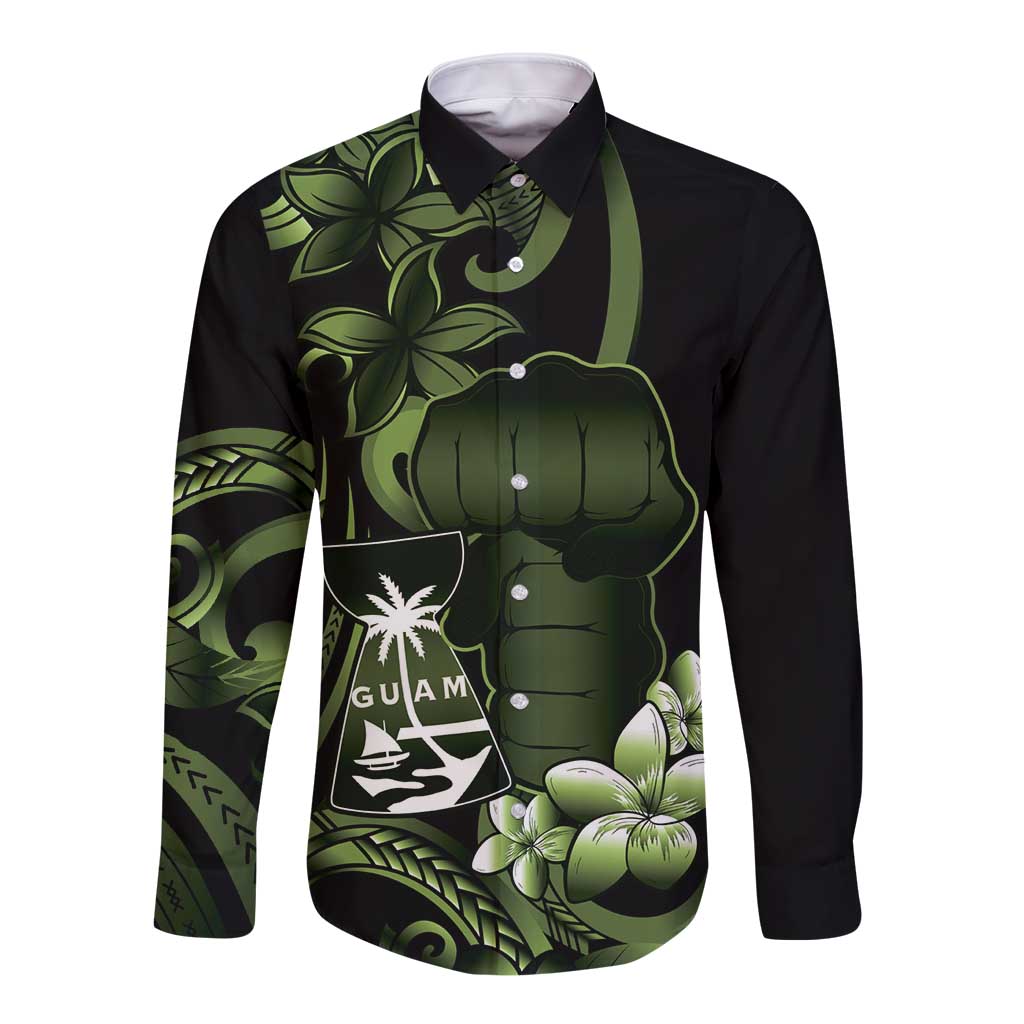 Green Hafa Adai Guam Long Sleeve Button Shirt Chamorro Latte Stone Hand With Plumeria