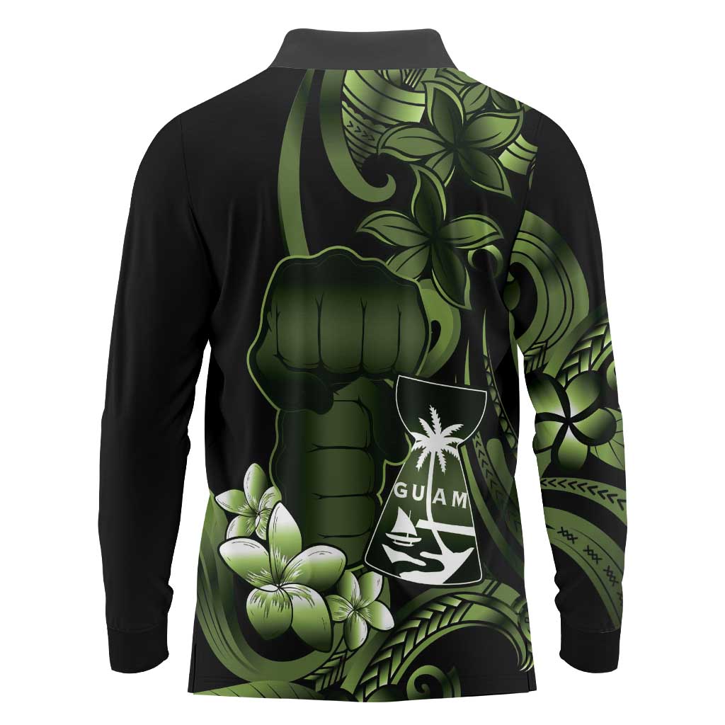 Green Hafa Adai Guam Long Sleeve Polo Shirt Chamorro Latte Stone Hand With Plumeria