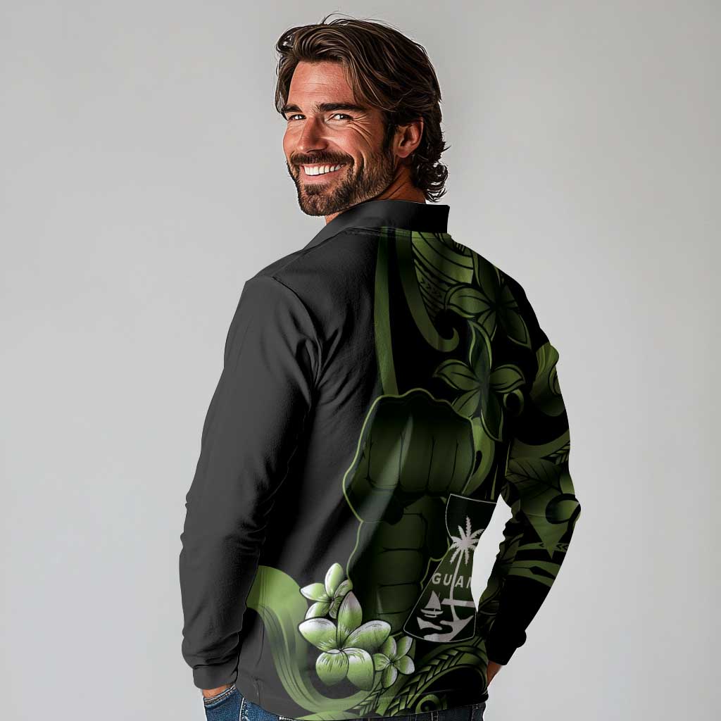 Green Hafa Adai Guam Long Sleeve Polo Shirt Chamorro Latte Stone Hand With Plumeria