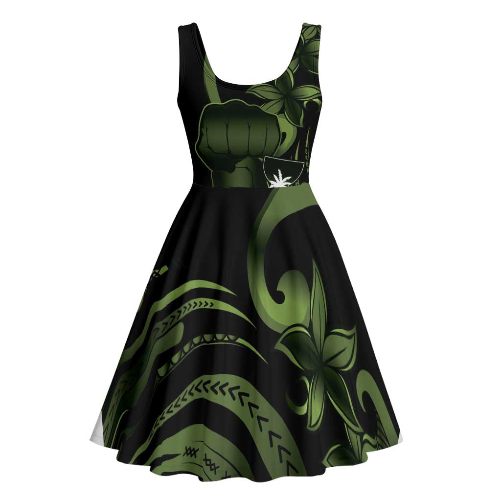 Green Hafa Adai Guam Midi Dress Chamorro Latte Stone Hand With Plumeria LT14 - Polynesian Pride