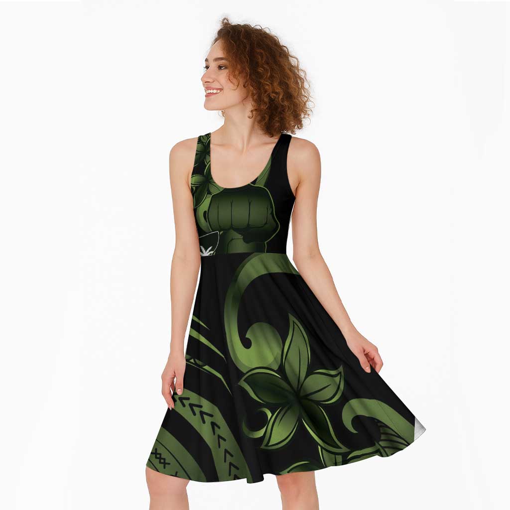 Green Hafa Adai Guam Midi Dress Chamorro Latte Stone Hand With Plumeria LT14 - Polynesian Pride