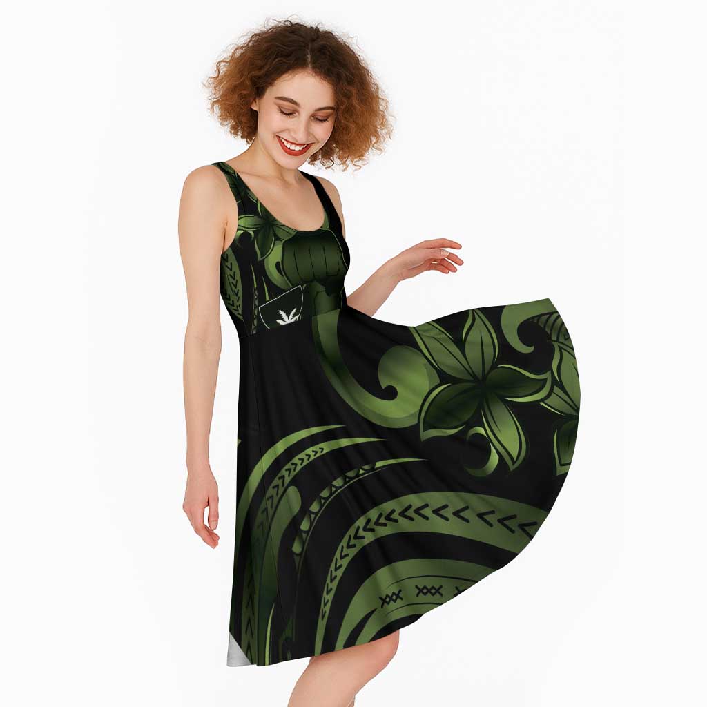 Green Hafa Adai Guam Midi Dress Chamorro Latte Stone Hand With Plumeria LT14 - Polynesian Pride