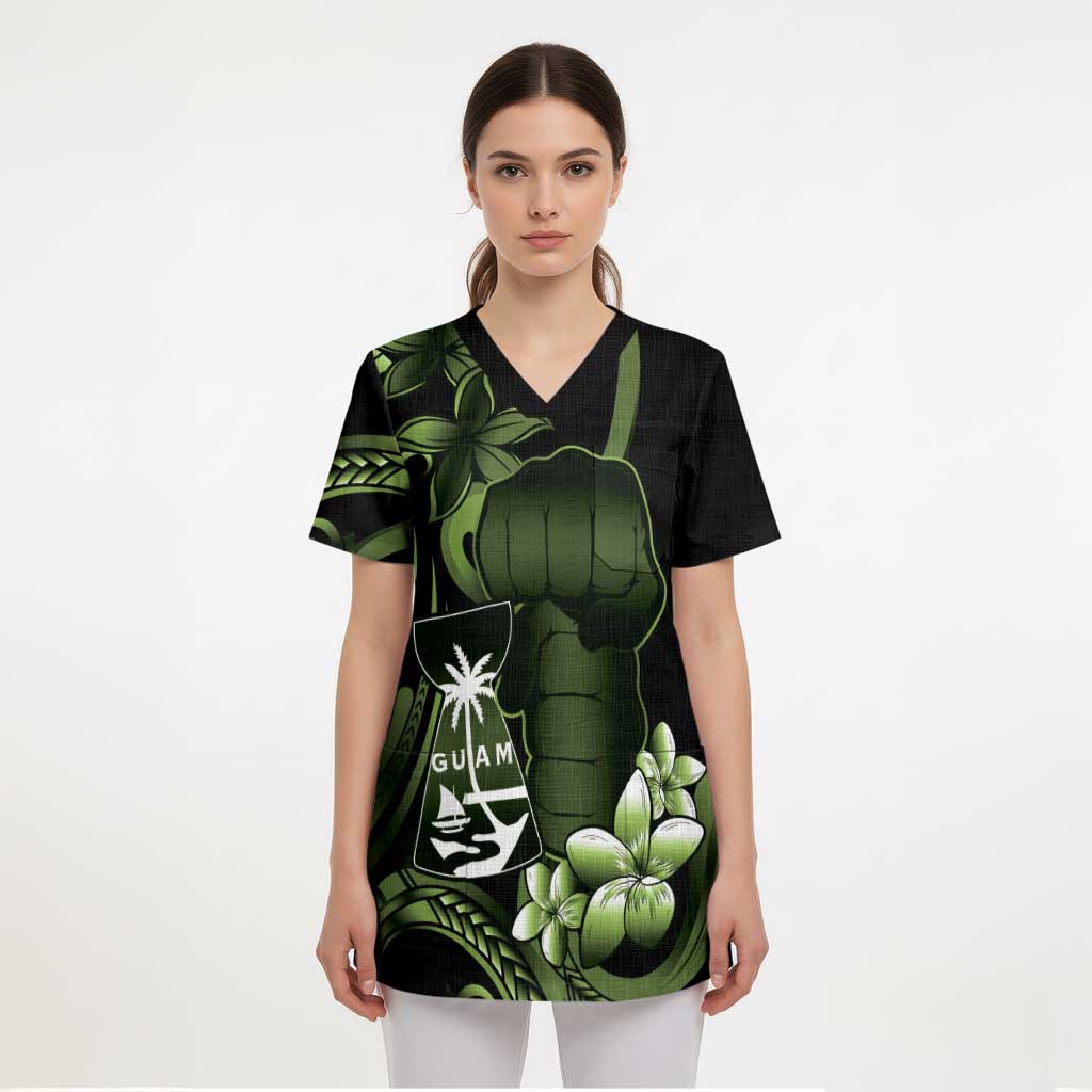 Green Hafa Adai Guam Scrub Top Chamorro Latte Stone Hand With Plumeria - Polynesian Pride