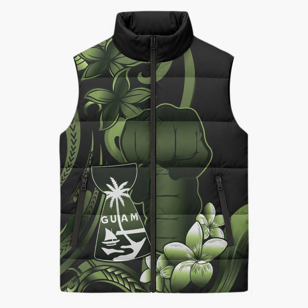 Green Hafa Adai Guam Sleeveless Puffer Jacket Chamorro Latte Stone Hand With Plumeria - Polynesian Pride
