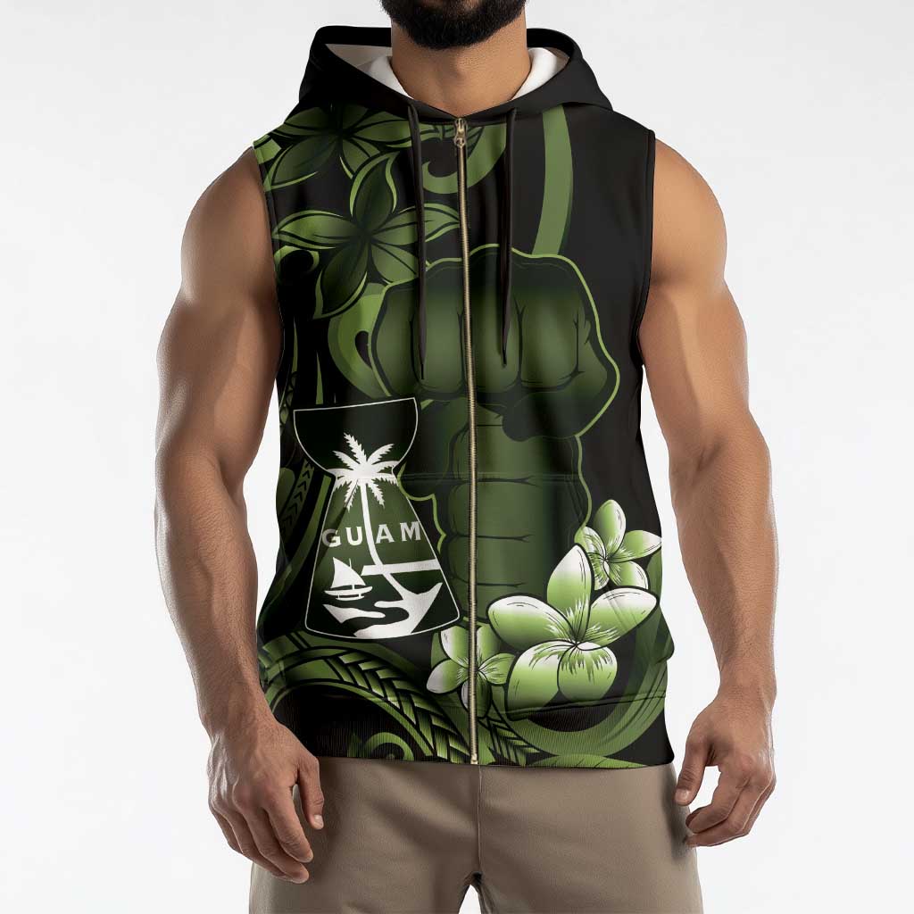 Green Hafa Adai Guam Sleeveless Zip Hoodie Chamorro Latte Stone Hand With Plumeria - Polynesian Pride