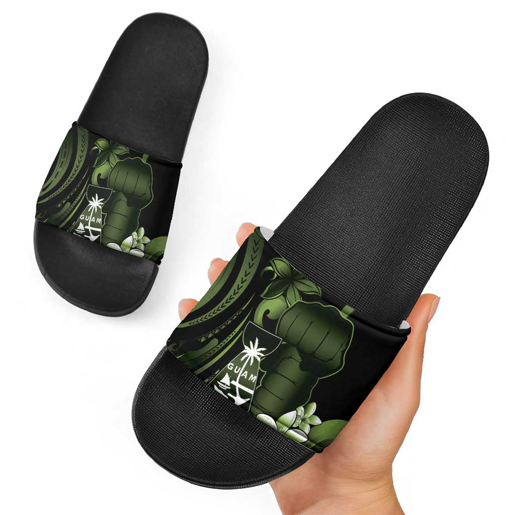 Green Hafa Adai Guam Slide Sandals Chamorro Latte Stone Hand With Plumeria - Polynesian Pride