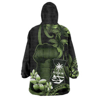 Green Hafa Adai Guam Wearable Blanket Hoodie Chamorro Latte Stone Hand With Plumeria