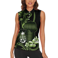 Green Hafa Adai Guam Women Sleeveless Polo Shirt Chamorro Latte Stone Hand With Plumeria