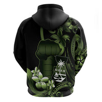 Green Hafa Adai Guam Zip Hoodie Chamorro Latte Stone Hand With Plumeria