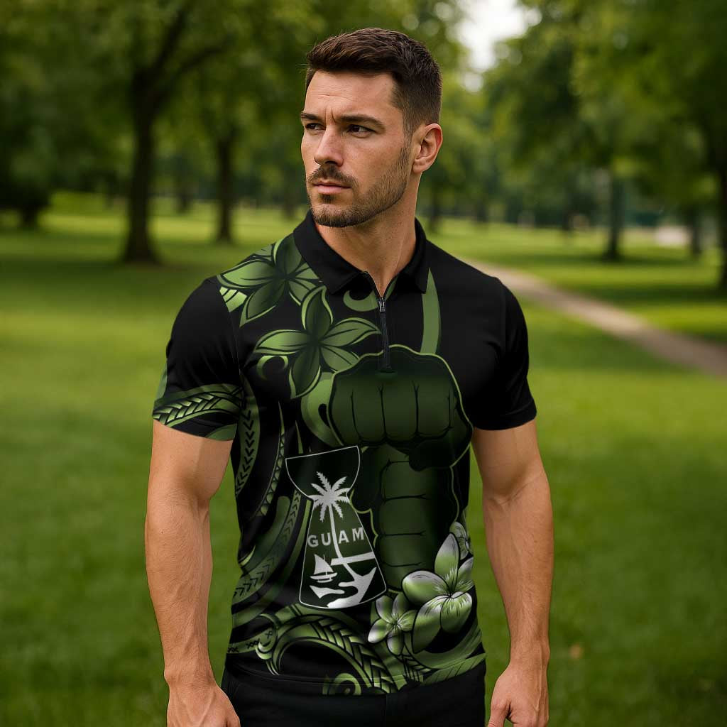 Green Hafa Adai Guam Zipper Polo Shirt Chamorro Latte Stone Hand With Plumeria - Polynesian Pride