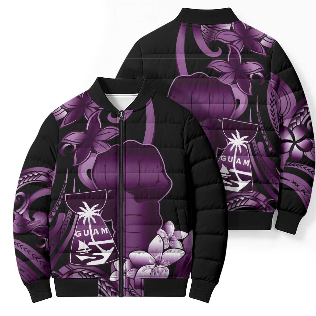 Purple Hafa Adai Guam Bomber Puffer Jacket Chamorro Latte Stone Hand With Plumeria - Polynesian Pride