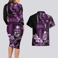 Purple Hafa Adai Guam Couples Matching Long Sleeve Bodycon Dress and Hawaiian Shirt Chamorro Latte Stone Hand With Plumeria
