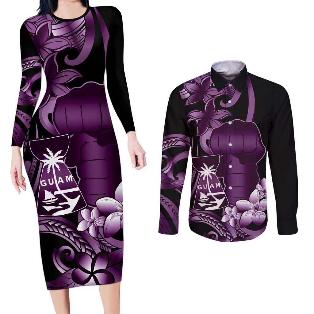 Purple Hafa Adai Guam Couples Matching Long Sleeve Bodycon Dress and Long Sleeve Button Shirt Chamorro Latte Stone Hand With Plumeria