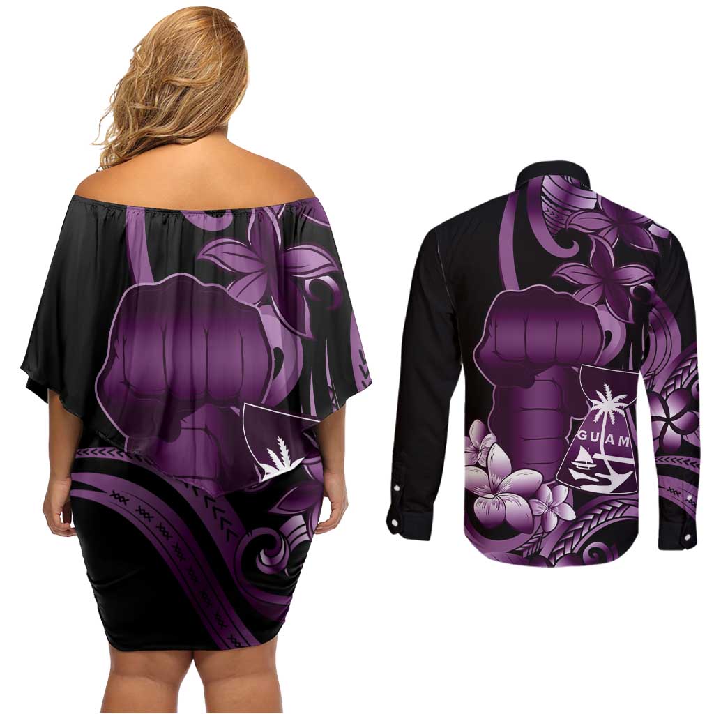 Purple Hafa Adai Guam Couples Matching Off Shoulder Short Dress and Long Sleeve Button Shirt Chamorro Latte Stone Hand With Plumeria