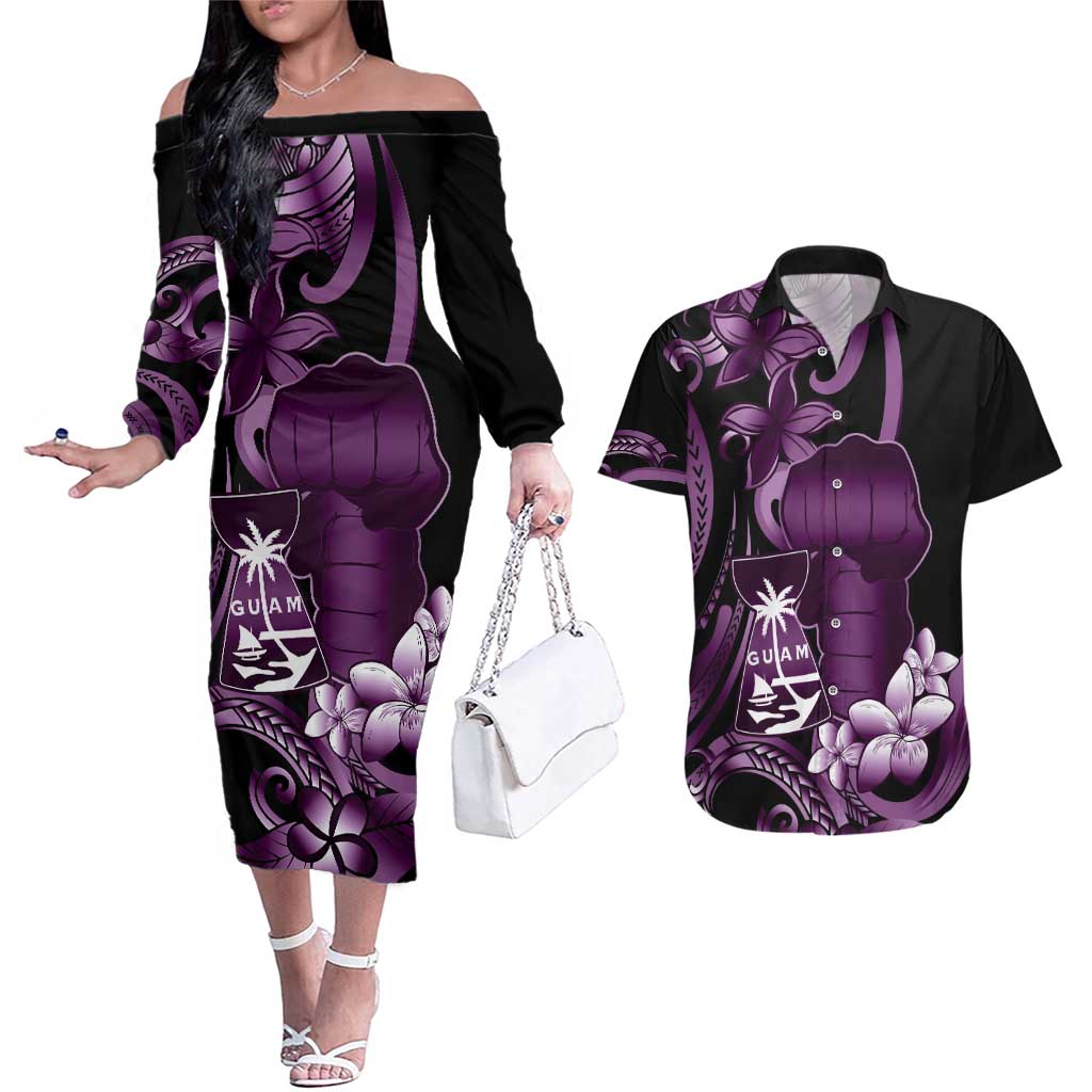 Purple Hafa Adai Guam Couples Matching Off The Shoulder Long Sleeve Dress and Hawaiian Shirt Chamorro Latte Stone Hand With Plumeria