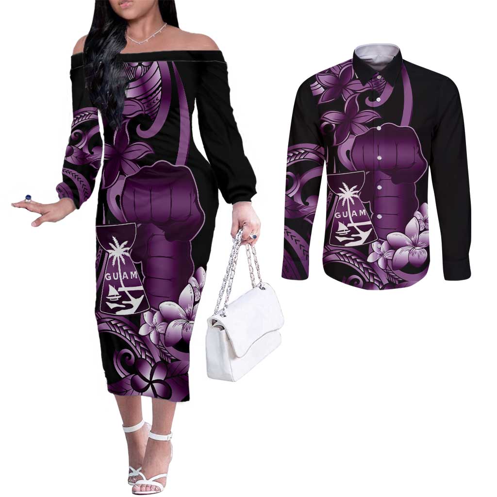 Purple Hafa Adai Guam Couples Matching Off The Shoulder Long Sleeve Dress and Long Sleeve Button Shirt Chamorro Latte Stone Hand With Plumeria