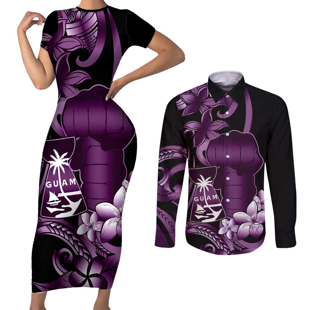 Purple Hafa Adai Guam Couples Matching Short Sleeve Bodycon Dress and Long Sleeve Button Shirt Chamorro Latte Stone Hand With Plumeria