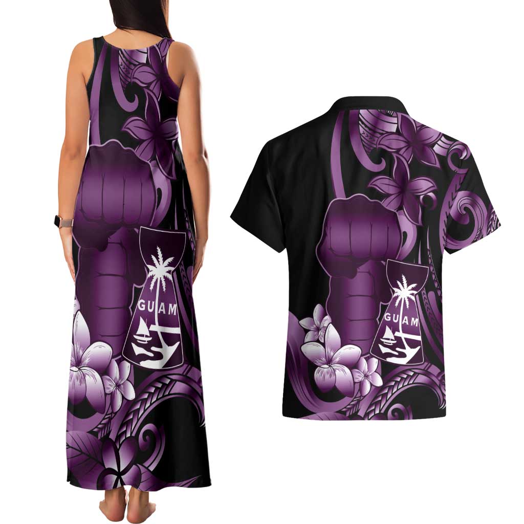 Purple Hafa Adai Guam Couples Matching Tank Maxi Dress and Hawaiian Shirt Chamorro Latte Stone Hand With Plumeria