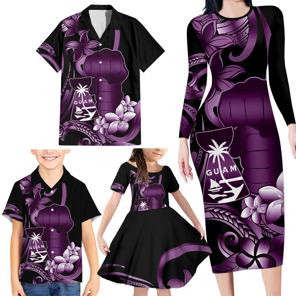 Purple Hafa Adai Guam Family Matching Long Sleeve Bodycon Dress and Hawaiian Shirt Chamorro Latte Stone Hand With Plumeria