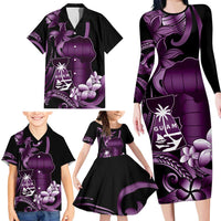 Purple Hafa Adai Guam Family Matching Long Sleeve Bodycon Dress and Hawaiian Shirt Chamorro Latte Stone Hand With Plumeria