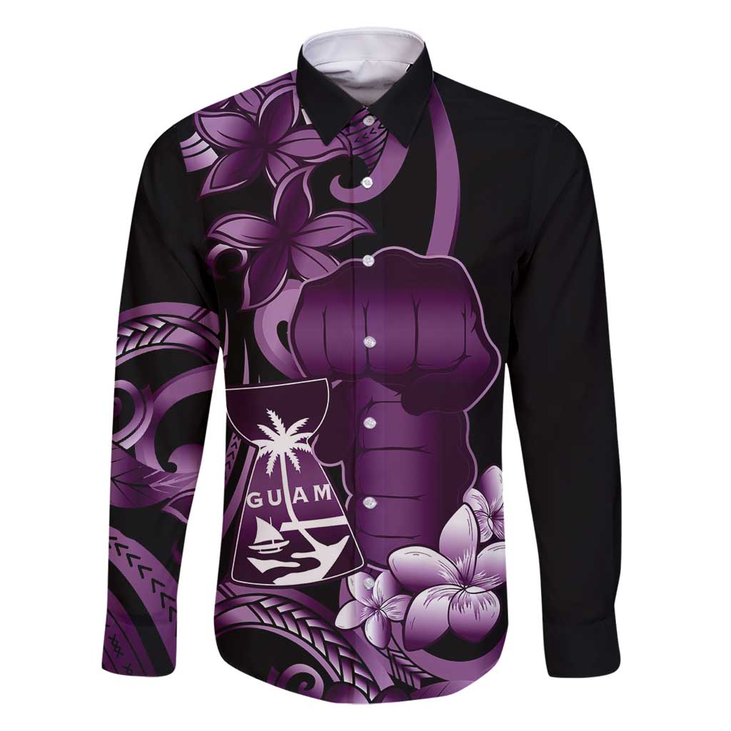 Purple Hafa Adai Guam Family Matching Long Sleeve Bodycon Dress and Hawaiian Shirt Chamorro Latte Stone Hand With Plumeria