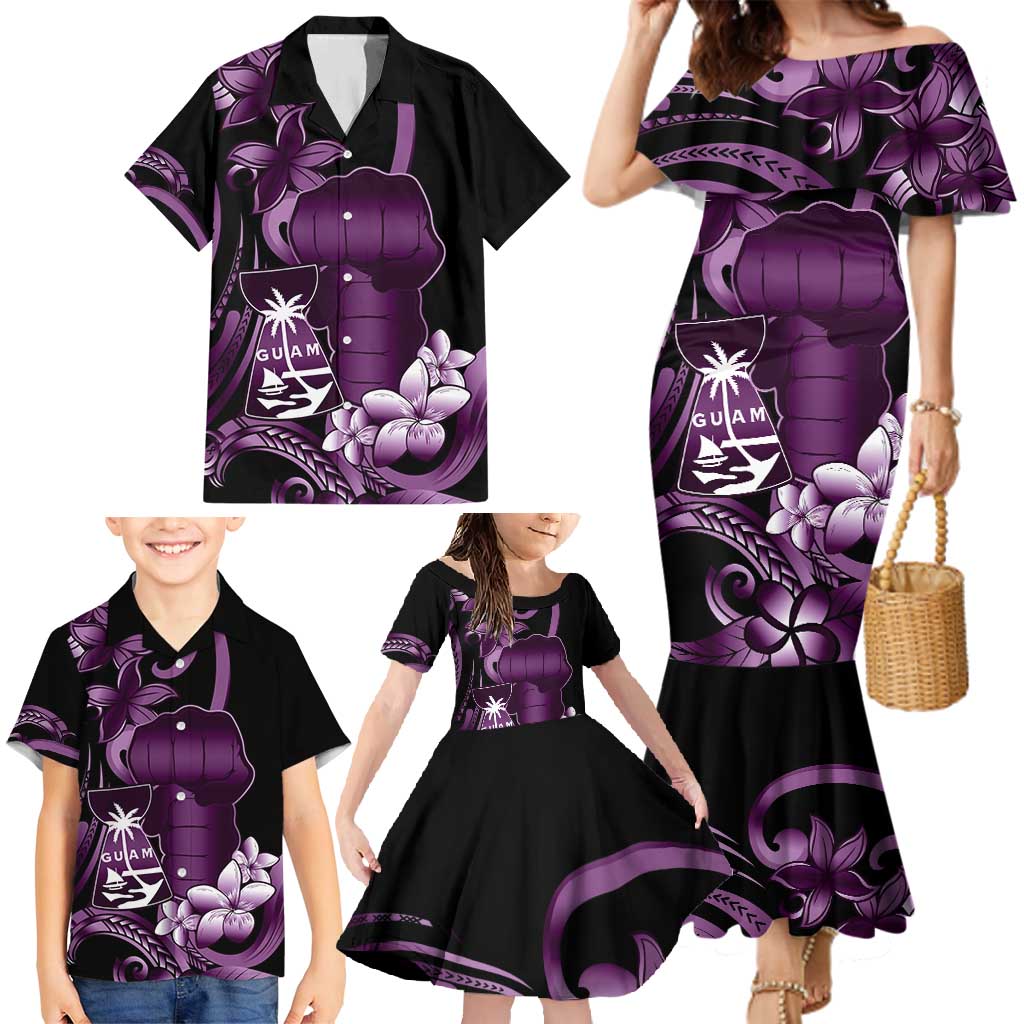 Purple Hafa Adai Guam Family Matching Mermaid Dress and Hawaiian Shirt Chamorro Latte Stone Hand With Plumeria