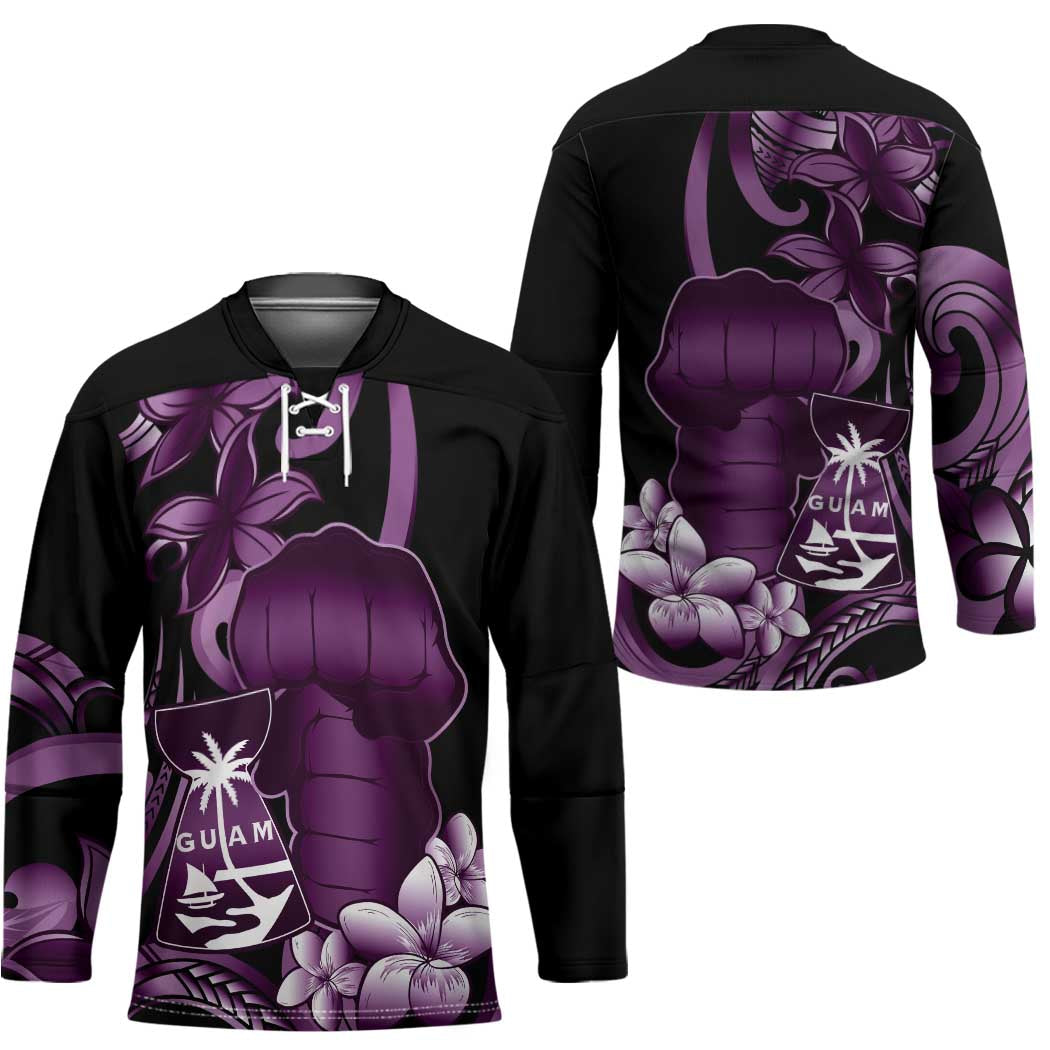 Purple Hafa Adai Guam Hockey Jersey Chamorro Latte Stone Hand With Plumeria - Polynesian Pride
