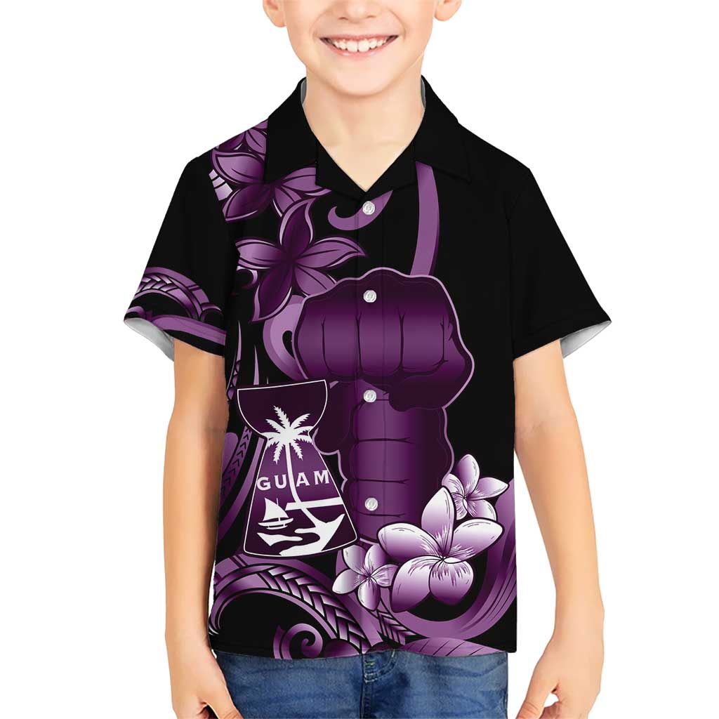 Purple Hafa Adai Guam Kid Hawaiian Shirt Chamorro Latte Stone Hand With Plumeria