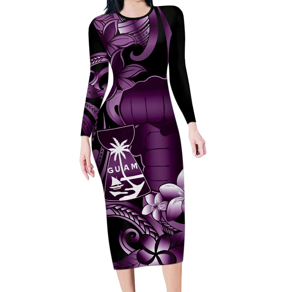 Purple Hafa Adai Guam Long Sleeve Bodycon Dress Chamorro Latte Stone Hand With Plumeria